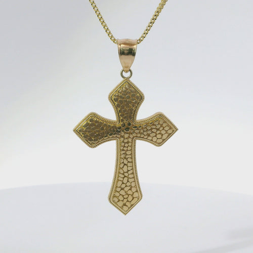 14KT Gold Charm Medium Nugget Gothic Cross with Plain Bell