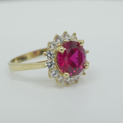 14KT Gold Ring Women's Jumbo Round Red Center CZ with Round White CZ Stones Border and Plain Band