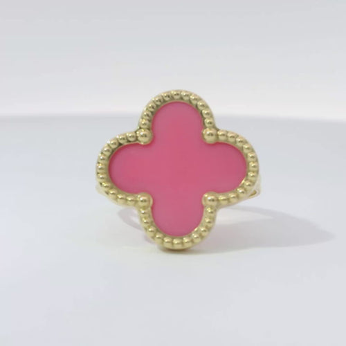 14KT Gold Ring Women's Jumbo Pink Clover with Beaded Border and Plain Split Band