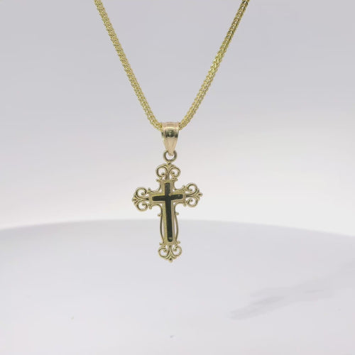14KT Gold Charm Small Engravable Ornate Cross with Plain Bell
