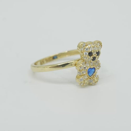 14KT Gold Ring Small White CZ Stones Teddy Bear with Navy Blue Heart CZ Stone Belly, Black Eyes, and Plain Band