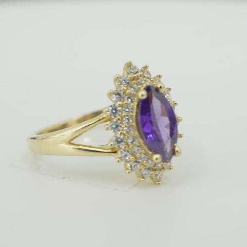 14KT Gold Ring Women's Marquise Purple Center CZ with Round Double CZ Border Plain Split Band