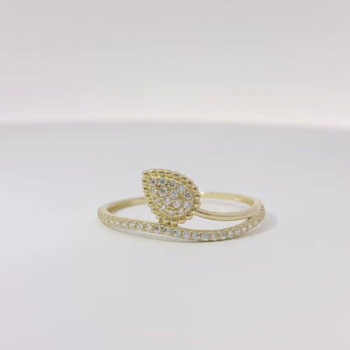 14KT Gold Ring Women's Light Weight White CZ Stone Leaf Center with Mock CZ Stone Bypass Band