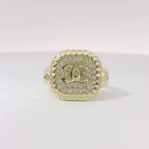 14KT Gold Ring Women's Square Plain CC Center with White CZ Stone Background and Chain Link Border with Plain Split Band