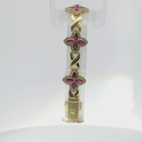 14KT Gold Bracelet Women's Tennis Dark Pink CZ Stones Marquise Clover Flower Charms with White CZ Stones Border and Cuban Link White CZ Stones Crowned Diamond Shape Emblem Box Clasp Band