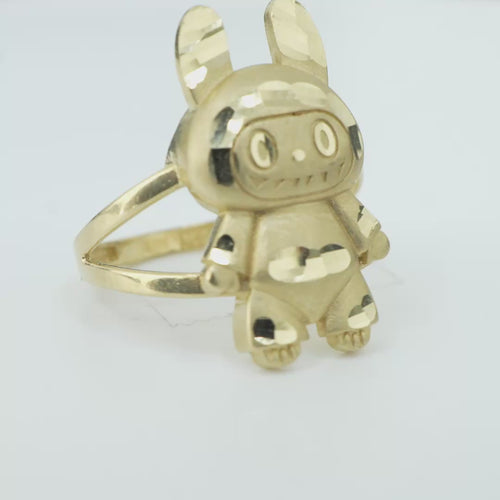 14KT Gold Ring Women's 3D Jumbo Labubu with Plain Split Band