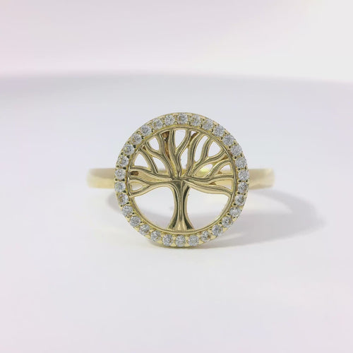 14KT Gold Ring Women's Mini Round Tree of Life White CZ Stone Border Plain Band