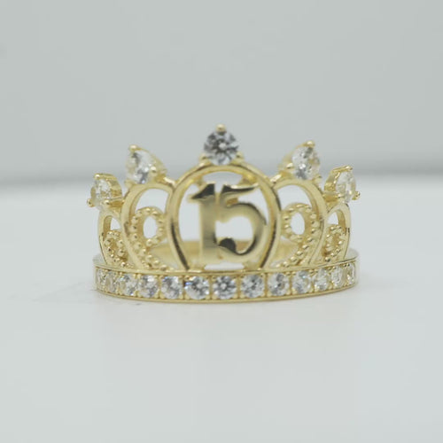 14KT Gold Ring Women's "15" Triple Puff Quincenaera Tiara Crown White CZ Stones Border and Plain Split Band