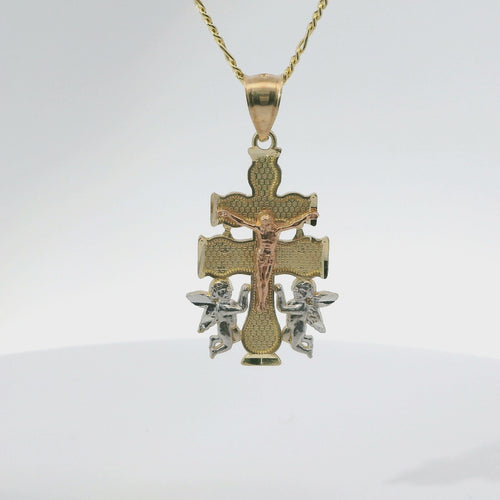 14KT Gold Charm Medium Tri Tone Caravaca Crucifix Cross with Rounded Base and Plain Bell