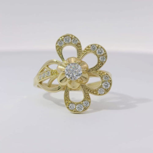 14KT Gold Ring Women's Light Weight 4 Petal Flower Open Center with White CZ Stone Round Border and Beaded Stem Sunflower Bypass Band