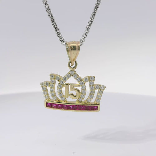 14KT Gold Charm Medium Quincenaera "15" Center White CZ Stones Flame Tiara with Dark Pink Square CZ Stones Base and Plain Bell