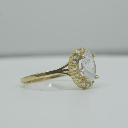 14KT Gold Ring Women's Oval White CZ Stone Center with Round White CZ Stones Border and Mini Plain Double Split Band