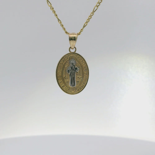 14KT Gold Charm Small Two Tone Oval St Benedict Coin with Plain Bell
