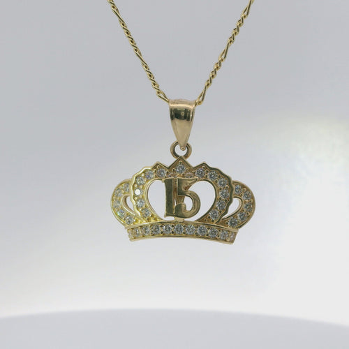 14KT Gold Charm Jumbo Flur de Lis Quincenaera "15" White CZ Stones Crown with Round White CZ Stones Band and Plain Bell