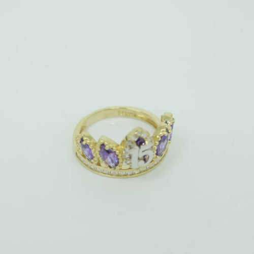 14KT Gold Ring Women's "15" Quinceanera Crown Purple CZ Stones with White Square CZ Stones Band Plain Shank