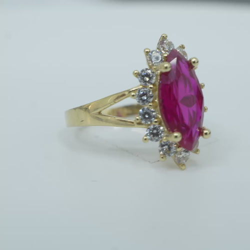 14KT Women's Gold Ring Jumbo Red Marquise Center CZ with Round White CZ Stones Border and Plain Split Band