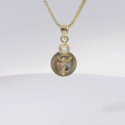 14KT Gold Charm Extra Small Tri Tone Round Graphic Crucifix Coin with White CZ Stone Top and Plain Bell