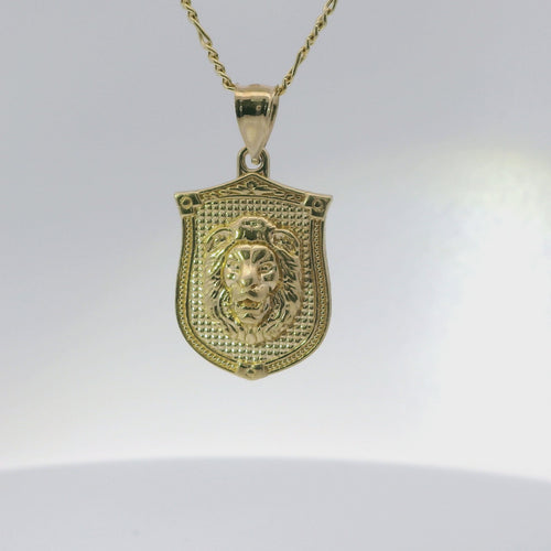 14KT Gold Charm Medium Diamond Cut Lion Head Shield with Plain Bell