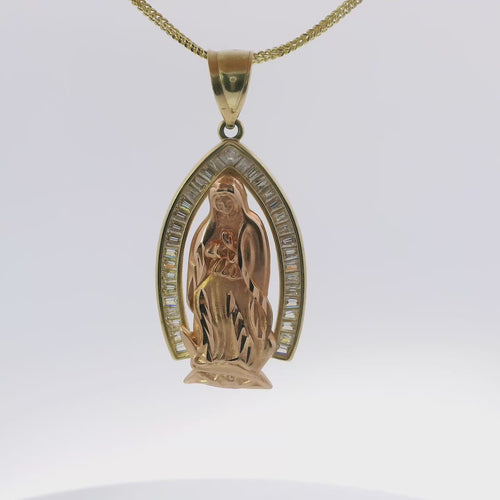 14KT Gold Charm Extra Large Two Tone Virgin Mary with White CZ Baguette Stone Pointed Arch Border and Plain Bell