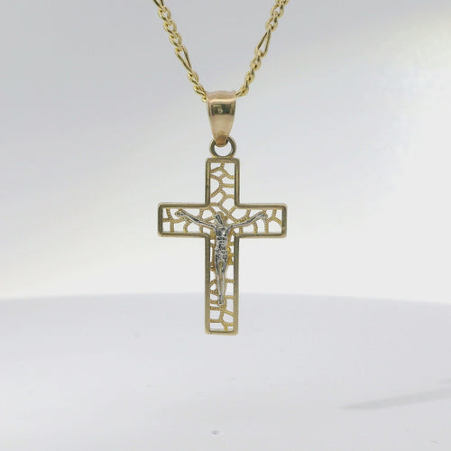 14KT Gold Charm Small Two Tone Open Center Nugget Square Ends Crucifix Cross with Plain Bell