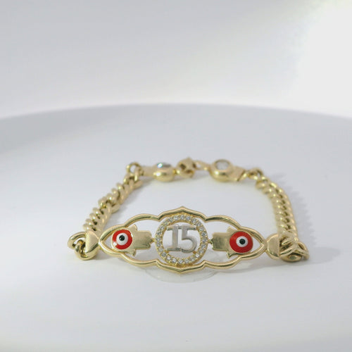 14KT Gold Bracelet Women's "15" Quinceanera Red Eye / Hand Plaque with White CZ Stone Circle Around "15" with Cuban Band 3.5mm