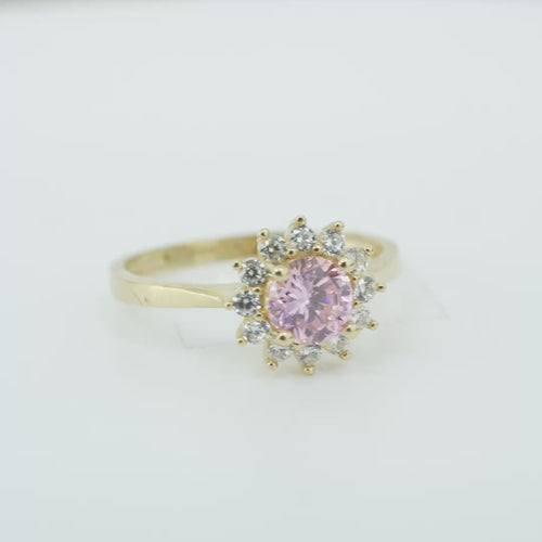 14KT Gold Ring Women's Flower Round Pink CZ Center Stone with White CZ Stone Petals Plain Band