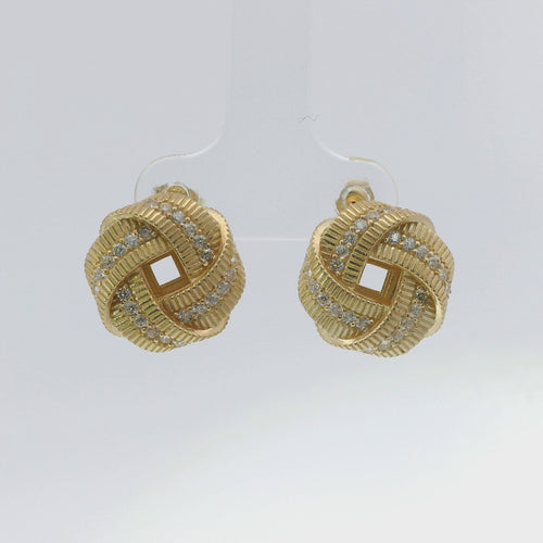 14KT Gold Earrings Medium Flat Four Ribbon Strand Plain Zipper Edge Knot with Plain Borders, Push Back Post, and Butterfly Backs