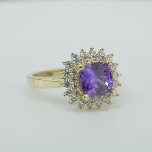 14KT Gold Ring Women's Square Purple Center CZ Double White CZ Border Plain Band