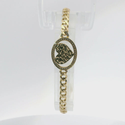 14KT Gold Bracelet Women's Single Charm Diamond Cut Heart with Oval White CZ Stones Border and White CZ Stone End Cuban Link Lobster Clasp Band