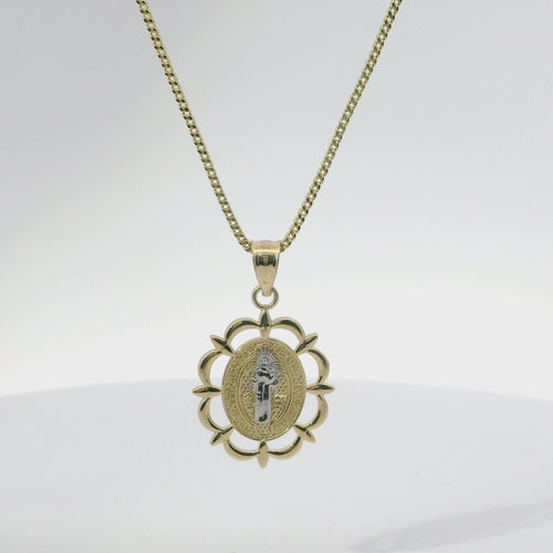 14KT Gold Charm Small Oval Two Tone St Benedict Coin Center with Open Scallop Border and Plain Bell