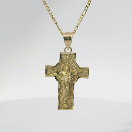 14KT Gold Charm Medium Cross Jesus Center with Heaven Background, Diamond Cut Edge, and Plain Bell