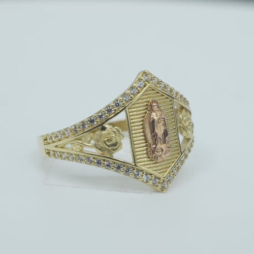 14KT Gold Ring Women's Two Tone Hexagon Coin Virgin Mary with Striped Background with Two Roses Between White CZ Stone Split Band Pointy Border