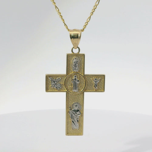 14KT Gold Charm Large Two Tone Catholic Saints Cross with Virgin Mary, St Michael, St Charbel, St Christopher, and St Jude Center and Plain Bell