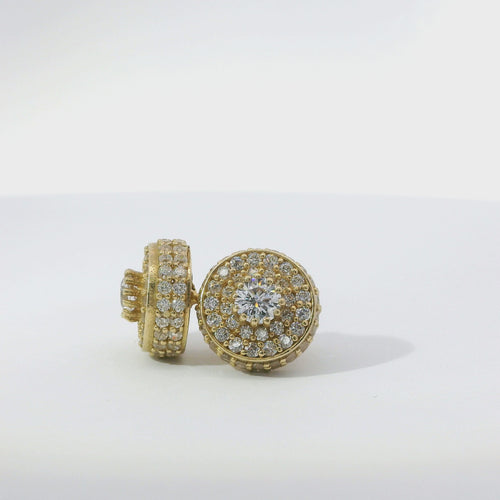 14KT Gold Earrings Small Round Cylinder White CZ Stones Round Cluster Center, Plain Border, Double Row White CZ Stones Edge, Push Back Post and Butterfly Backs