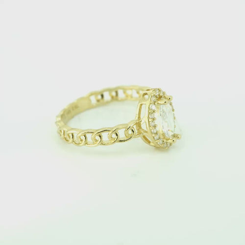 14KT Gold Women's Ring Marquise White Center Stone with White CZ Stone Border Chino Band