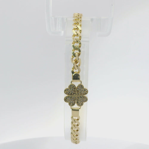 14KT Gold Bracelet Women's White CZ Stones Heart Four Leaf Clover with Plain Borders and White CZ Stone End Cuban Link Lobster Clasp Band