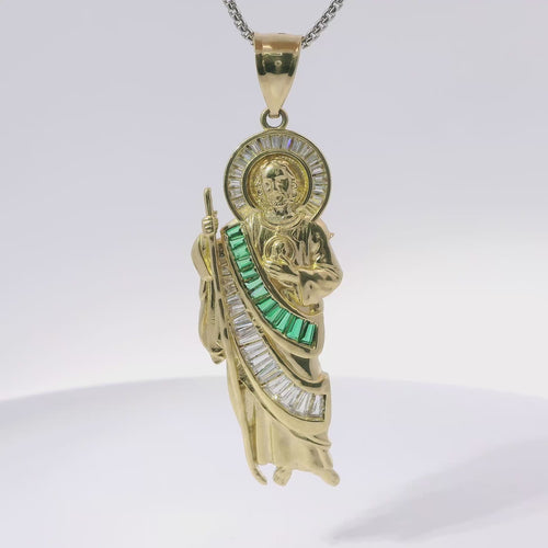 14KT Gold Charm Large St. Jude with White and Green CZ Baguette Stones Robe and Halo with Plain Bell
