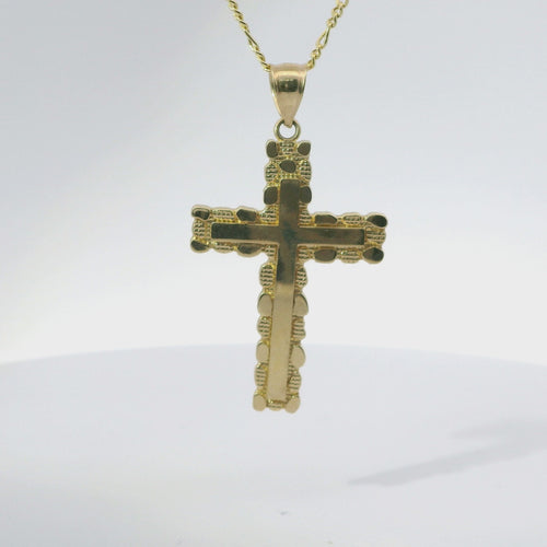 14KT Gold Charm Medium Nugget Cross with Engravable Center and Plain Bell