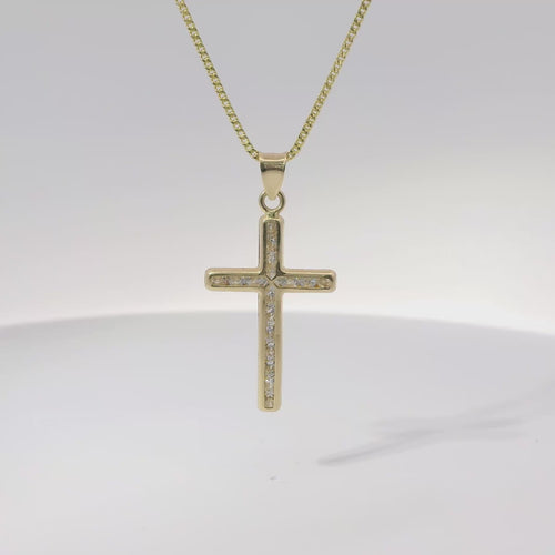 14KT Gold Charm Medium Round Channel Set CZ Stones Cross with Plain Bell