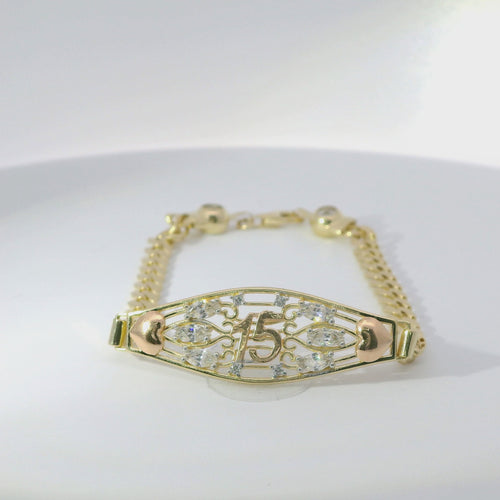 14KT Gold Bracelet Women's "15" Quinceanera Marquise and Round White CZ Stones Galaxy Plaque Center with Double Plain Puff Plain Heart Sides and Cuban Link Band with White CZ Stone End Lobster Clasp