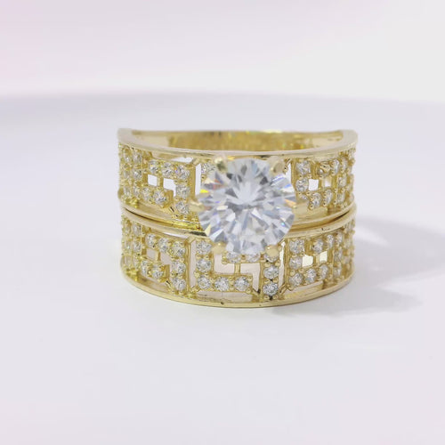 14KT Gold Ring Women's Duo 4 Prong White CZ Stone Solitaire with White CZ Stones Greek Band and Matching Separate Band