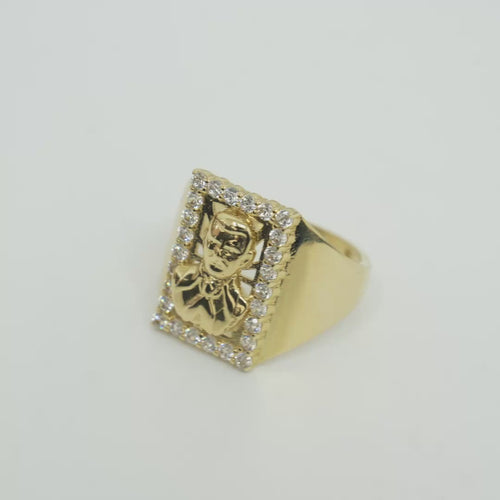 14K Gold Ring Men's Malverde with White CZ Stone Border Rectangle and Plain Sides