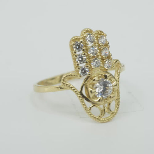 14KT Gold Ring Women's Hansa Hand White Round Center CZ Stone with 3 White CZ Stones on 3 Fingers and Plain Band