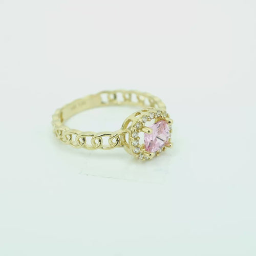 14KT Gold Ring Women's Square Pink Center Stone with White CZ Stone Border Chino Band