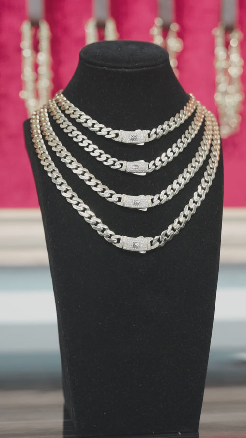 14KT Gold Chain Hollow Crown Miami Link with Infinity Emblem on White CZ Stones Designer Clasp 2mm