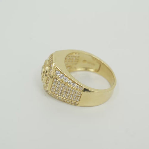 14KT Gold Ring Men's Octagon Raised Center Round White CZ Stone Center Border Plain Edge Band Design Seven Row White CZ Stone Section