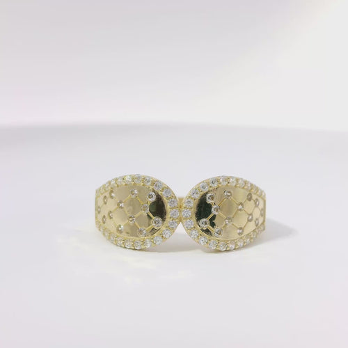 14KT Gold Ring Women's Light Weight Split Band Double Lasso with White CZ Stone Tufted Center and Border and Plain Band