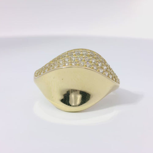 14KT Gold Ring Women's Abstract Single Wave Band with White CZ Stones on One Side of Band