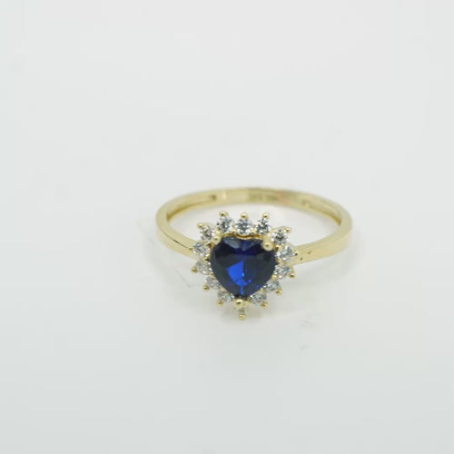 14KT Gold Ring Women's Flower Heart Navy Blue Center Stone with White CZ Stone Petal Border Plain Band