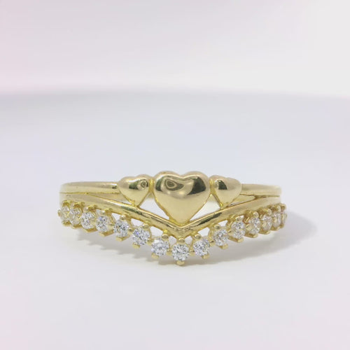 14KT Gold Ring Women's Light Weight Triple Solid Heart Center with Lower White CZ Stone Chevron Band